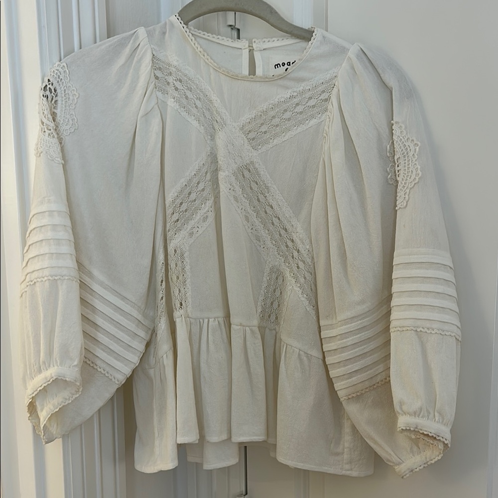 White Puff Sleeve Blouse with Ruffled Bib Collar